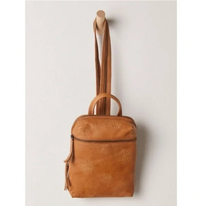 Free People Break of Dawn Backpack 100% Leather Cognac Tan Tooled Sun NWT